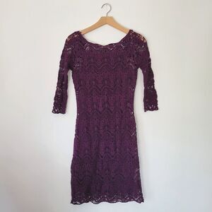 Lauren Ralph Lauren Dress Deep Purple Lace Overlay 3/4 Sleeves XS
